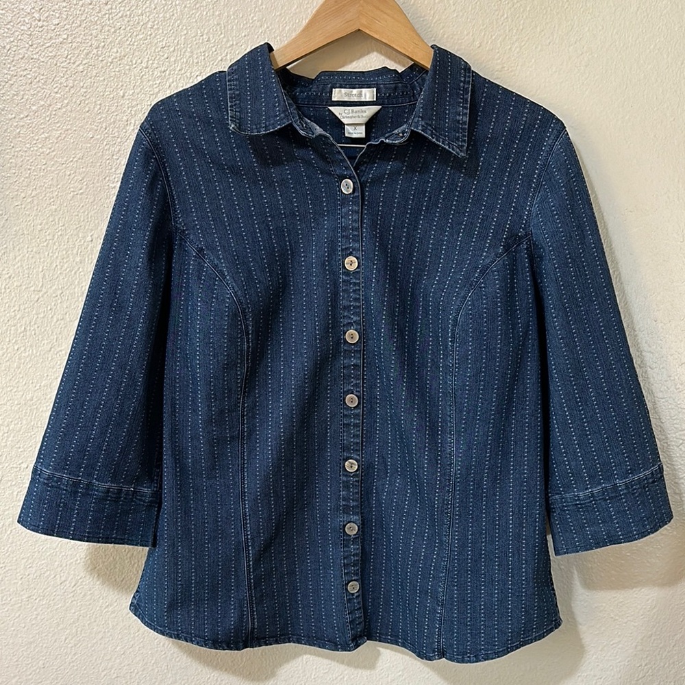 CJ Banks Blue Denim Button Down 3/4 Sleeve Shirt